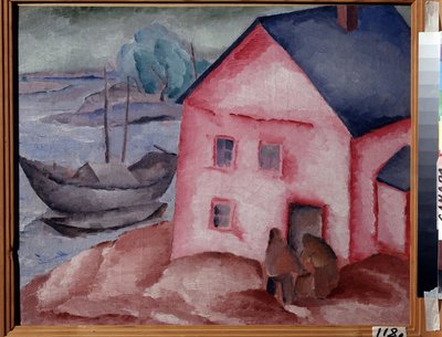 Una casa rosada cerca del río (Una casa rosada en el río). Con una pareja, un barco y un barco amarrado. Pintura de Alexei Ilyich Kravchenko (1889-1940), óleo sobre lienzo de Aleksey Kravchenko