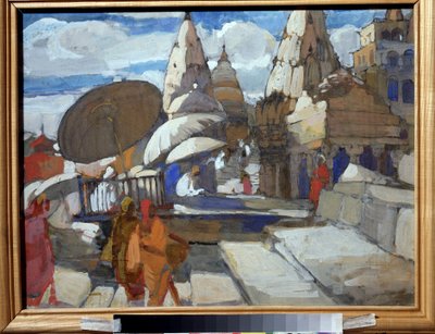 Una pagoda en Benarés (India) (Una pagoda en Benarés). Descripción de calles y edificios indios, con algunos personajes en traje tradicional realizando actividades cotidianas. Pintura de Alexei Ilyich Kravchenko (1889-1940), óleo sobre lienzo de Aleksey Kravchenko