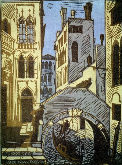 Venecia, Italia (Venecia). Canal, góndola, puente y fachadas de la ciudad. Obra de Alexei Ilyich Kravchenko (1889-1940), xilografía. Arte ruso, paisaje de los siglos XIX y XX. Galería Estatal Tretyakov, Moscú. (Rusia). de Aleksey Kravchenko