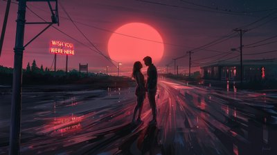 Pareja ante una puesta de sol roja de Alena Aenami