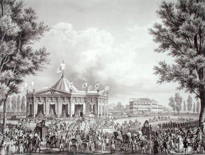 Procesión pasando el pabellón erigido para la coronación de Fernando I (1793-1875) de Alessandro (after) Sanquirico