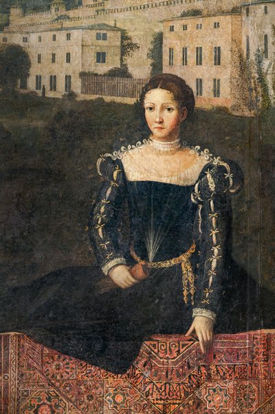 Retrato de una mujer de la nobleza, detalle de la Pequeña Sala de las Damas Nobles (óleo sobre lienzo pegado a las paredes) de Alessandro Bonvicino Moretto
