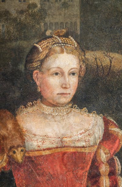 Retrato de una mujer de la nobleza, detalle de la Pequeña Sala de las Damas Nobles (óleo sobre lienzo pegado a las paredes) de Alessandro Bonvicino Moretto