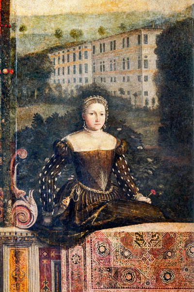 Retrato de una mujer de la nobleza, detalle de la Pequeña Sala de las Damas Nobles (óleo sobre lienzo pegado a las paredes) de Alessandro Bonvicino Moretto