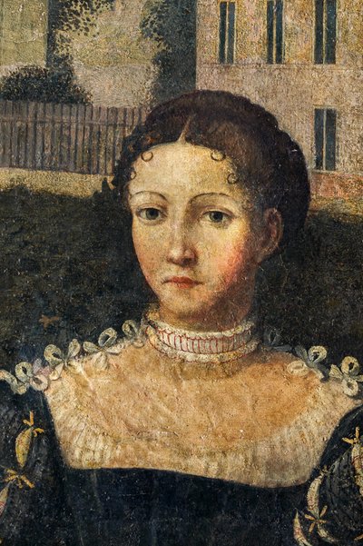 Retrato de una mujer de la nobleza, detalle de la Pequeña Sala de las Damas Nobles (óleo sobre lienzo pegado a las paredes) de Alessandro Bonvicino Moretto