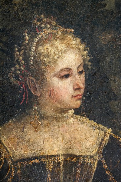 Retrato de una mujer de la nobleza, detalle de la Pequeña Sala de las Damas Nobles (óleo sobre lienzo pegado a las paredes) de Alessandro Bonvicino Moretto