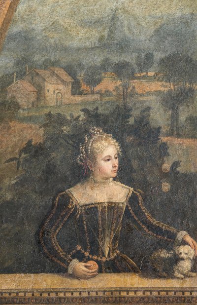 Retrato de una mujer de la nobleza, detalle de la Pequeña Sala de las Damas Nobles (óleo sobre lienzo pegado a las paredes) de Alessandro Bonvicino Moretto