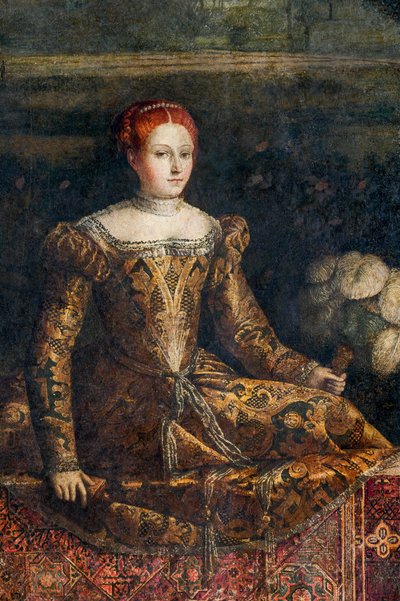 Retrato de una mujer de la nobleza, detalle de la Pequeña Sala de las Damas Nobles (óleo sobre lienzo pegado a las paredes) de Alessandro Bonvicino Moretto