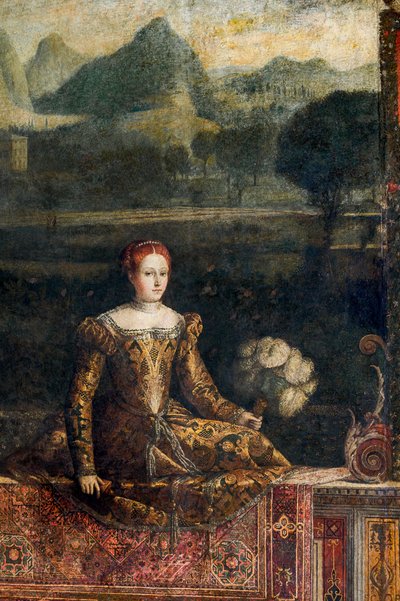 Retrato de una mujer de la nobleza, detalle de la Pequeña Sala de las Damas Nobles (óleo sobre lienzo pegado a las paredes) de Alessandro Bonvicino Moretto