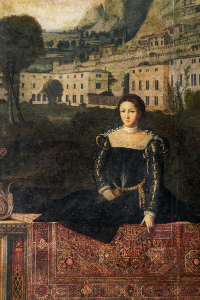 Retrato de una mujer de la nobleza, detalle de la Pequeña Sala de las Damas Nobles (óleo sobre lienzo pegado a las paredes) de Alessandro Bonvicino Moretto