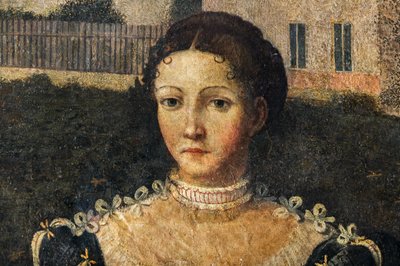 Retrato de una mujer de la nobleza, detalle de la Pequeña Sala de las Damas Nobles (óleo sobre lienzo pegado a las paredes) de Alessandro Bonvicino Moretto