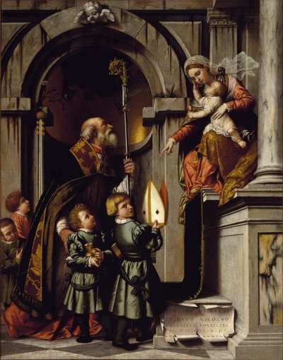 San Nicolás de Myra o Bari presenta a los alumnos de Galeazzo Rovelli a la Virgen con el niño Jesús en el trono de Alessandro Bonvicino Moretto