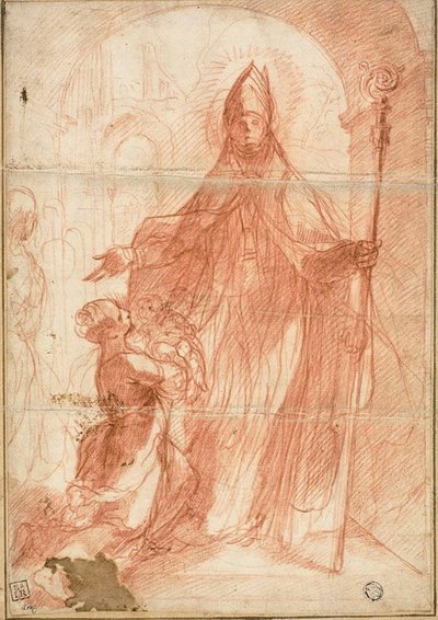 Obispo santo bendiciendo a una madre y un niño de Alessandro Casolani