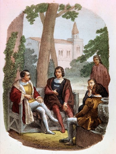 Fabrizio Colonna y Cosimo Rucellai discuten sobre el arte de la guerra - en "Obras Completas de Nicolás Maquiavelo", ilustración de Alessandro Focosi (1836 - 1869). "El arte de la guerra" de Nicolás de Maquiavelo de Alessandro Focosi