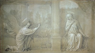 La Anunciación, dibujo preparatorio para el fresco de la Cappella Raffo en el Cementerio de la Misericordia, Siena de Alessandro Franchi