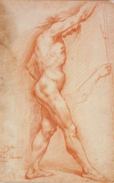 Desnudo masculino de pie con un bastón en perfil hacia la derecha, y un boceto para su brazo derecho de Alessandro Gherardini