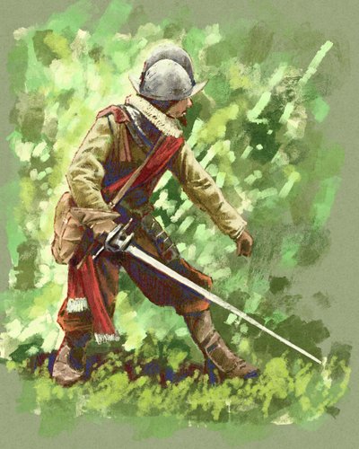 Un soldado conquistador español en la selva sudamericana en 1600 (ilustración) de Alessandro Lonati