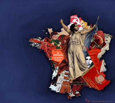 Una mariana sobre un fondo de collage comunista. Alegoría del comunismo en Francia. 2010 Dibujo en color de Alessandro Lonati. de Alessandro Lonati