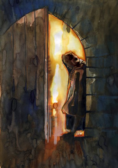 Un monje en un castillo encantado Ilustración de Alessandro Lonati de Alessandro Lonati