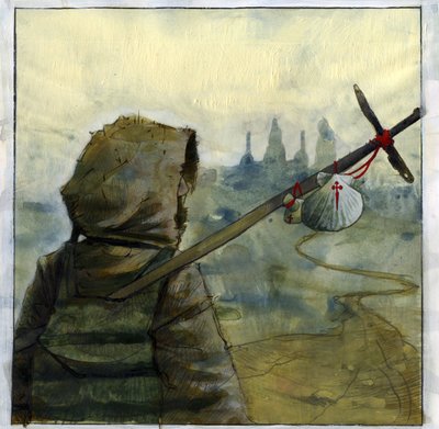 Un pelerín en el camino de Santiago de Compostela con el símbolo de la concha de Santiago España (Peregrino en el camino de Santiago de Compostela, España) Ilustración de Alessandro Lonati de Alessandro Lonati