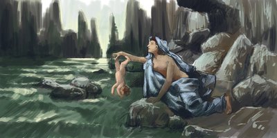 La madre de Aquiles sumerge a su hijo por el talón en el río Estigia para hacerlo invulnerable Dibujo Alessandro Lonati 2015 de Alessandro Lonati