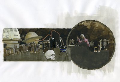 Alquimista en su laboratorio rodeado de frascos y alambiques Ilustración de Alessandro Lonati de Alessandro Lonati