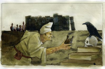Alquimista en su laboratorio con un cuervo, una calavera Ilustración de Alessandro Lonati de Alessandro Lonati