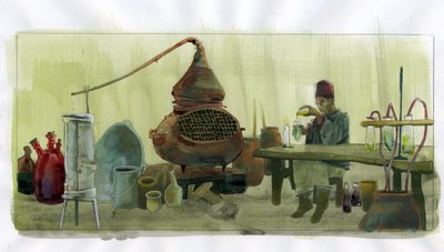 Alchemist in his laboratory with jars and still (alquimista en su laboratorio con frascos y alambique) Ilustración de Alessandro Lonati de Alessandro Lonati