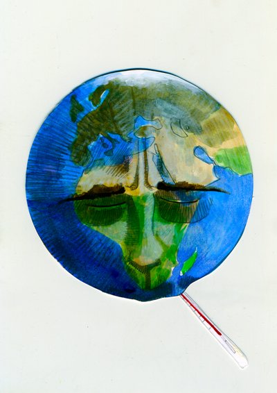Representación alegórica de la Tierra, con el termómetro en la boca, a causa de los daños causados por los humanos Ilustración de Alessandro Lonati de Alessandro Lonati