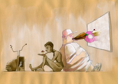 La representación alegórica de nuestra sociedad común como sociedad de consumo es exagerada como un joven occidental obeso tragando comida rápida (comida basura) delante de una pantalla gigante, adosse un hombre hambriento mirando desesperadamente un taco  de Alessandro Lonati