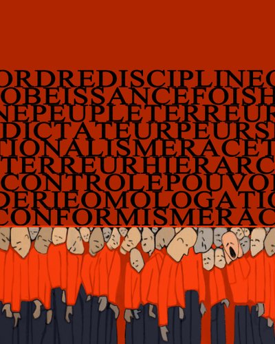 Alegoría del peso de la dictadura, la represión, la disciplina sobre el hombre, la multitud aplastada por el poder y el miedo a los tiranos - Ilustración 2014 de Alessandro Lonati