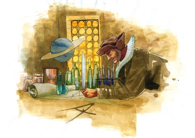 Un alquimista en su laboratorio rodeado de frascos y alambiques examinando el contenido de un frasco (alquimista en su laboratorio rodeado de frascos y alambiques) de Alessandro Lonati