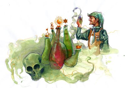 Un alquimista en su laboratorio rodeado de frascos y alambiques examinando el contenido de un frasco (alquimista en su laboratorio rodeado de frascos y alambiques) de Alessandro Lonati