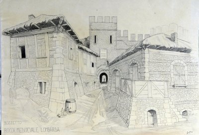 Arquitectura de la Edad Media: vista de las murallas de una ciudad medieval lombarda. Dibujo a lápiz de Alessandro Lonati. de Alessandro Lonati