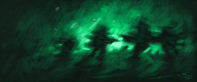 Batalla, visión nocturna infrarroja de soldados. Dibujo de Alessandro Lonati de Alessandro Lonati