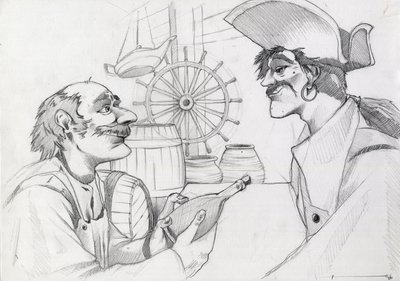 Caraibes pirata en una posada con una botella. Dibujo de Alessandro Lonati. de Alessandro Lonati