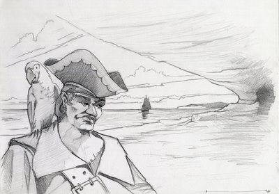 Pirata caribeño con loro buscando un tesoro en una cueva en una playa, con galeón. Dibujo de Alessandro Lonati. de Alessandro Lonati
