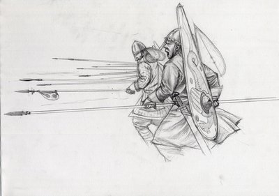 Carga de guerreros normandos de infantería en la batalla de Hastings en 1066. Dibujo de Alessandro Lonati. de Alessandro Lonati