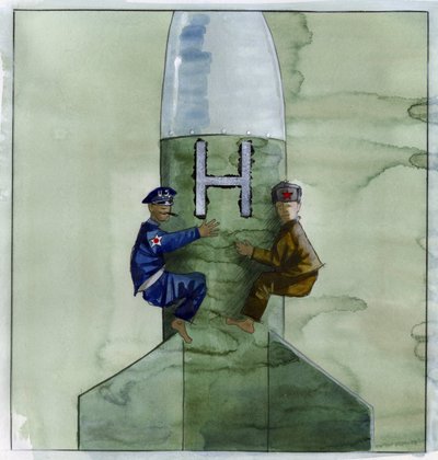 Guerra fría: un estadounidense y un oficial soviético aferrados a un misil nuclear Ilustración de Alessandro Lonati de Alessandro Lonati