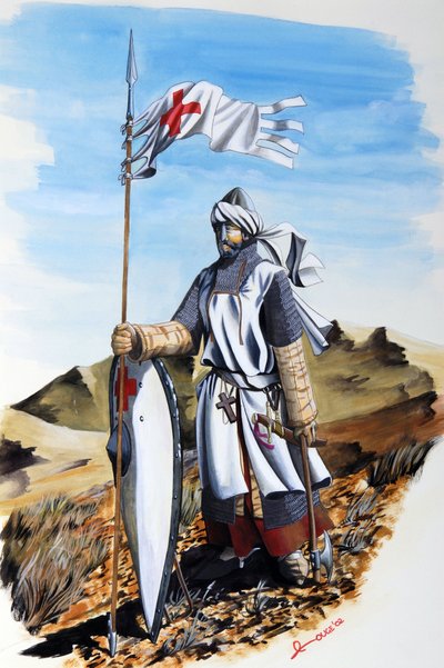Cruzadas: un caballero de la Orden de los Templarios con una capa blanca con la Cruz Roja. Ilustración de Alessandro Lonati de Alessandro Lonati