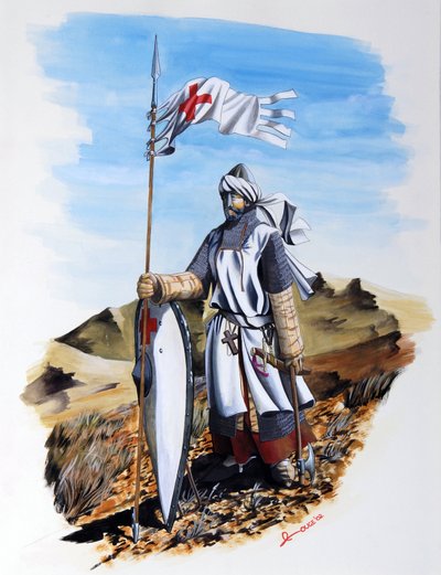 Cruzadas: un caballero de la Orden de los Templarios con una capa blanca con la Cruz Roja. Ilustración de Alessandro Lonati de Alessandro Lonati