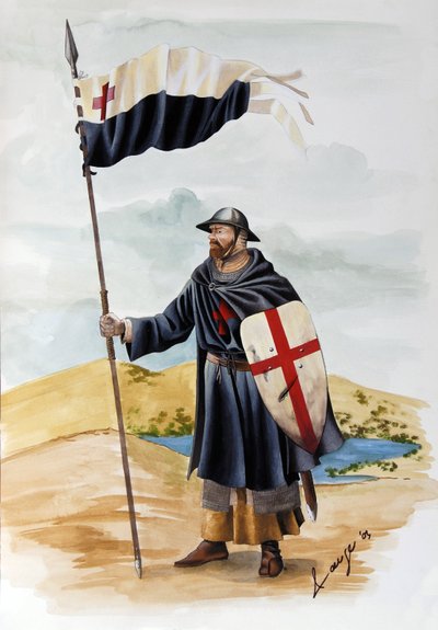 Cruzadas: un caballero de la Orden de los Templarios vestido de negro con la Cruz Roja. Ilustración de Alessandro Lonati de Alessandro Lonati
