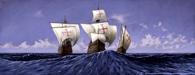 Descubrir América: la "Pinta", la "Nina" y la "Santa María", las carabelas de Cristóbal Colón durante la expedición de 1492. Ilustración de Alesandro Lonati. 2010 de Alessandro Lonati