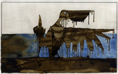 Catástrofe ecológica: un pájaro empetrolado en una playa tras el hundimiento de un petrolero Ilustración de Alessandro Lonati de Alessandro Lonati