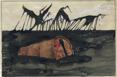 Catástrofe ecológica: aves empetroladas en una playa tras el hundimiento de un petrolero o latas de petróleo volcadas en la playa Ilustración de Alessandro Lonati de Alessandro Lonati