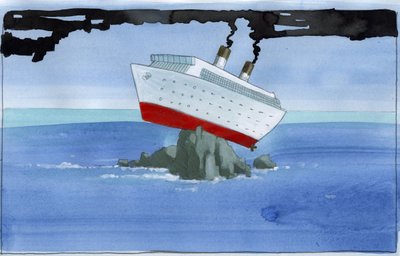 Ecología: El arco de Noé como crucero contaminante varado en un arrecife Ilustración de Alessandro Lonati de Alessandro Lonati