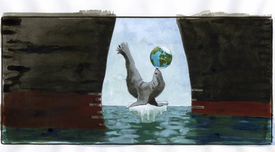 Ecología y calentamiento climático: hielo que se derrite, una foca que juega con el planeta en su hocico, descansa sobre la última puntita de iceberg; a su alrededor los cascos de los petroleros la amenazan - alegoría que representa el planeta en equilibri de Alessandro Lonati
