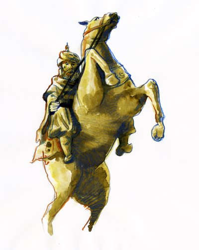 Retrato ecuestre de Oqba Ibn Nafi Al Fihri (622-683) general árabe enviado a la cabeza de los ejércitos musulmanes por Muawiya Ie (602-680) - (Uqba ibn Nafi u Oqba ibn Nafi, Uqba bin Nafe, Uqba ibn al Nafia, o Akbah general árabe) Dibujo de Alessandro Lonati