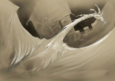 Criatura fantástica: un dragón volando sobre la torre de un castillo Dibujo de Alessandro Lonati de Alessandro Lonati