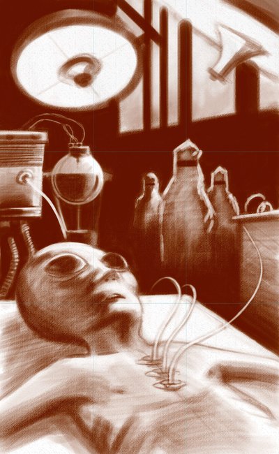 Criatura fantástica: un alienígena sometido a pruebas de laboratorio. Ilustración de Alesandro Lonati. 2010 de Alessandro Lonati